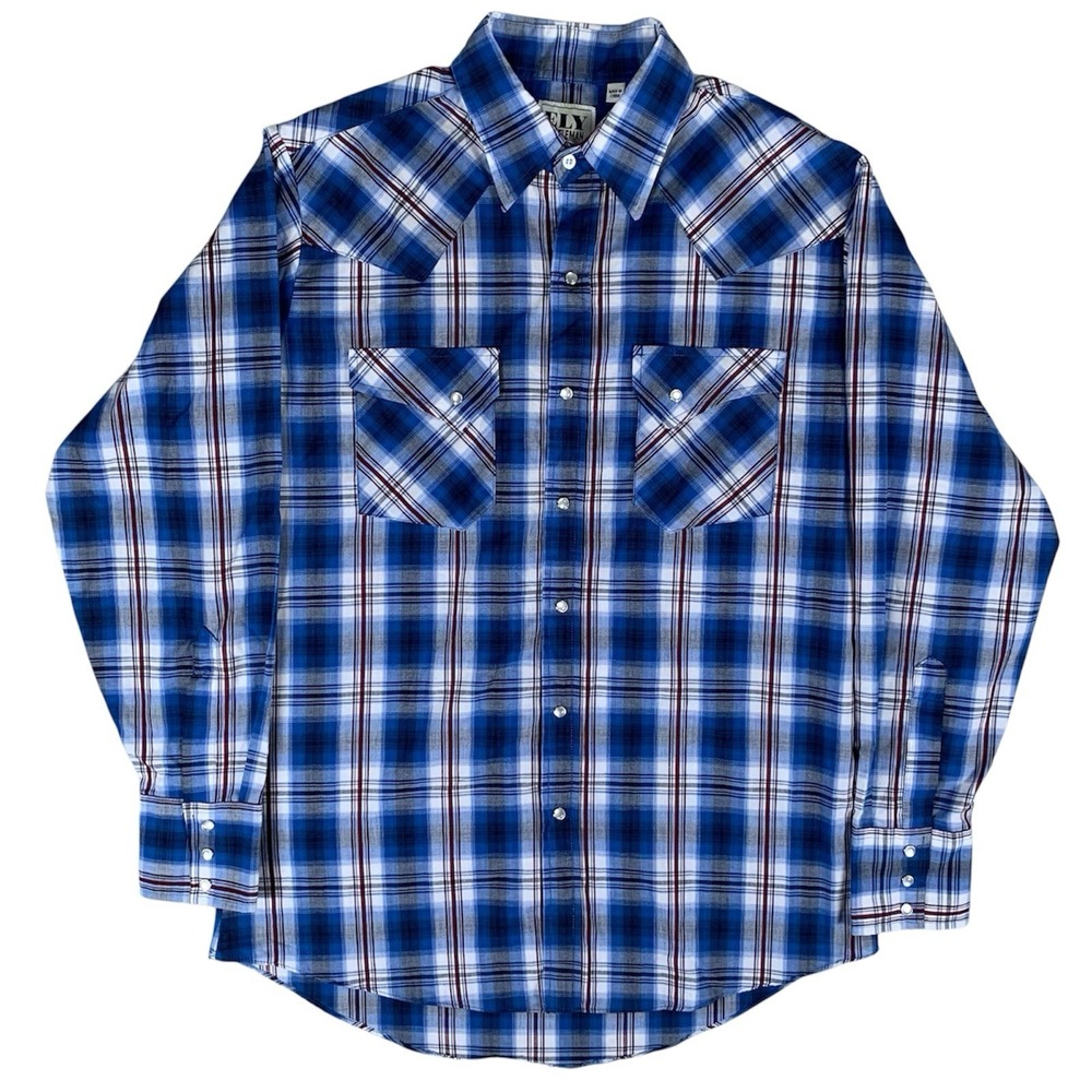Ely Cattleman Shirt Mens Medium Blue Plaid Long Sleeve Western Pearl Snap Casual
